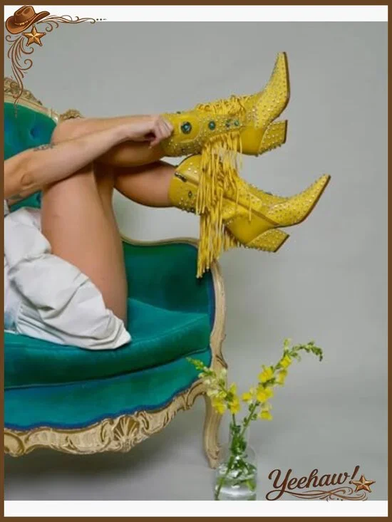 Fringe Cowboy Boots Rhinestone Embellishments Mid Calf Western Booties - Picture 6 of 7